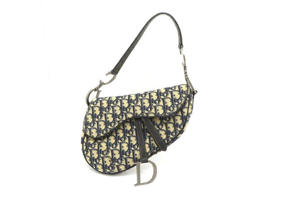 Christian Dior Trotter Saddle Bag Canvas Calfskin Ivory White Navy Blue